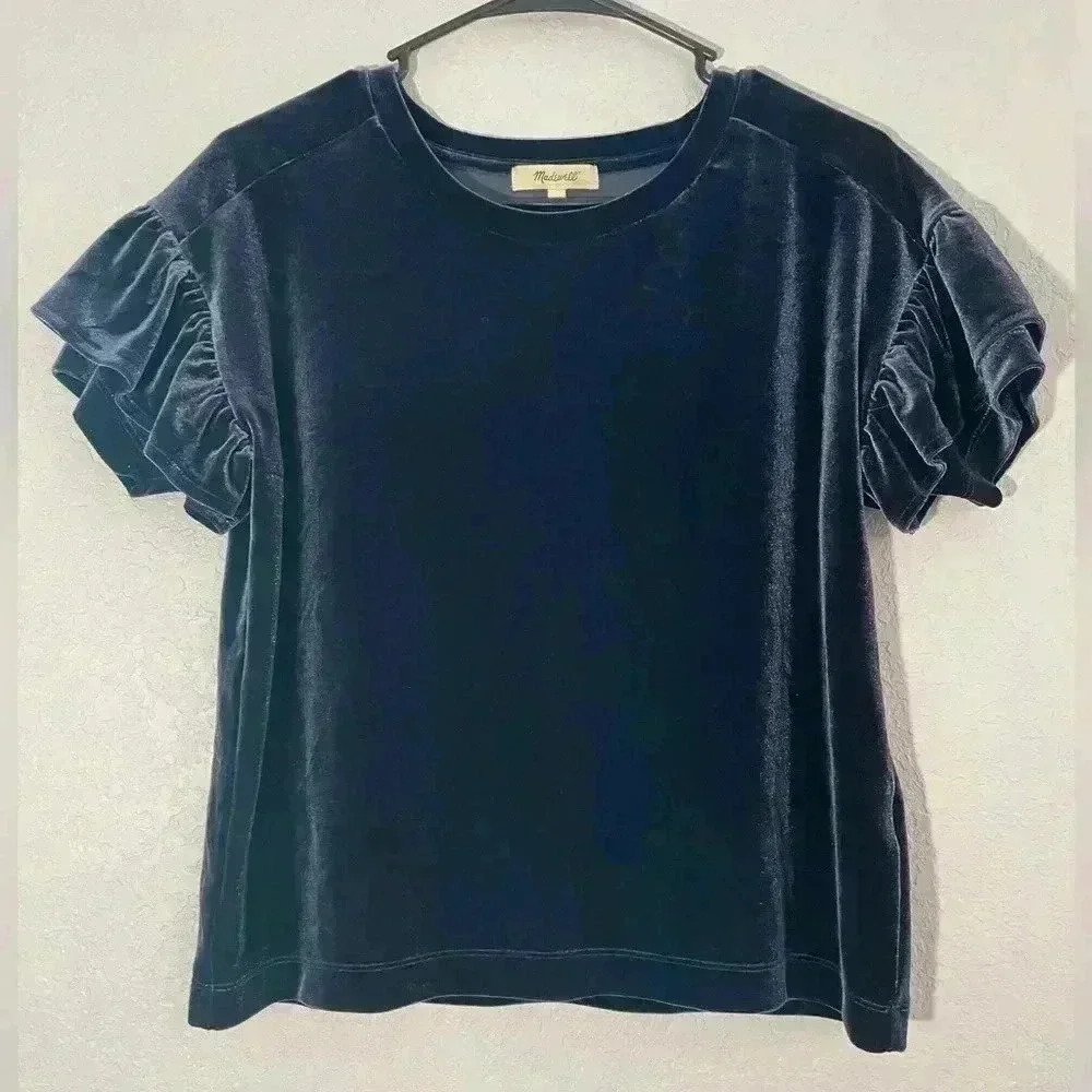 MADEWELL Women’s XS Blue Velvet Ruffle-Sleeve Tee - Picture 5 of 10